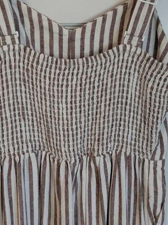 Linen Blend Striped Wide Leg Jumpsuit Smocked Back Coastal Fit & Flare M - Picture 6 of 13